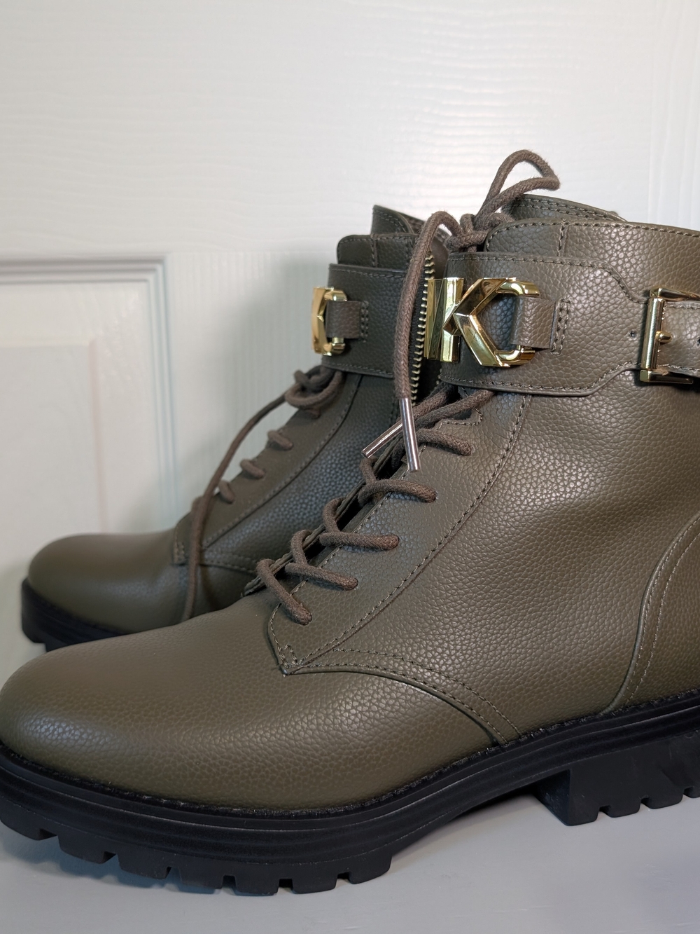 Michael Kors Olive Green Combat Boots with Gold MK Accent - Picture 3 of 5